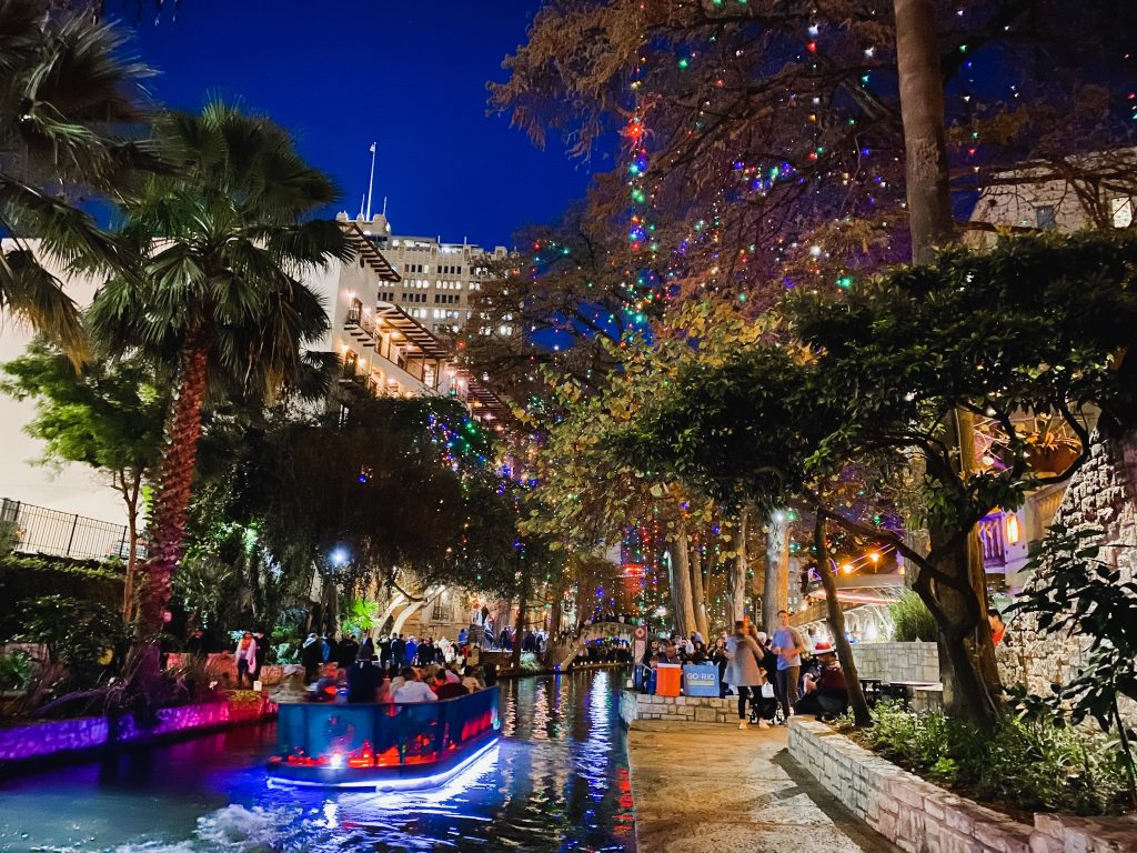 Christmas lights over the riverwalk in San Antonio