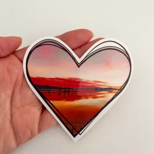 sunset beach photos in heart stickers on white background